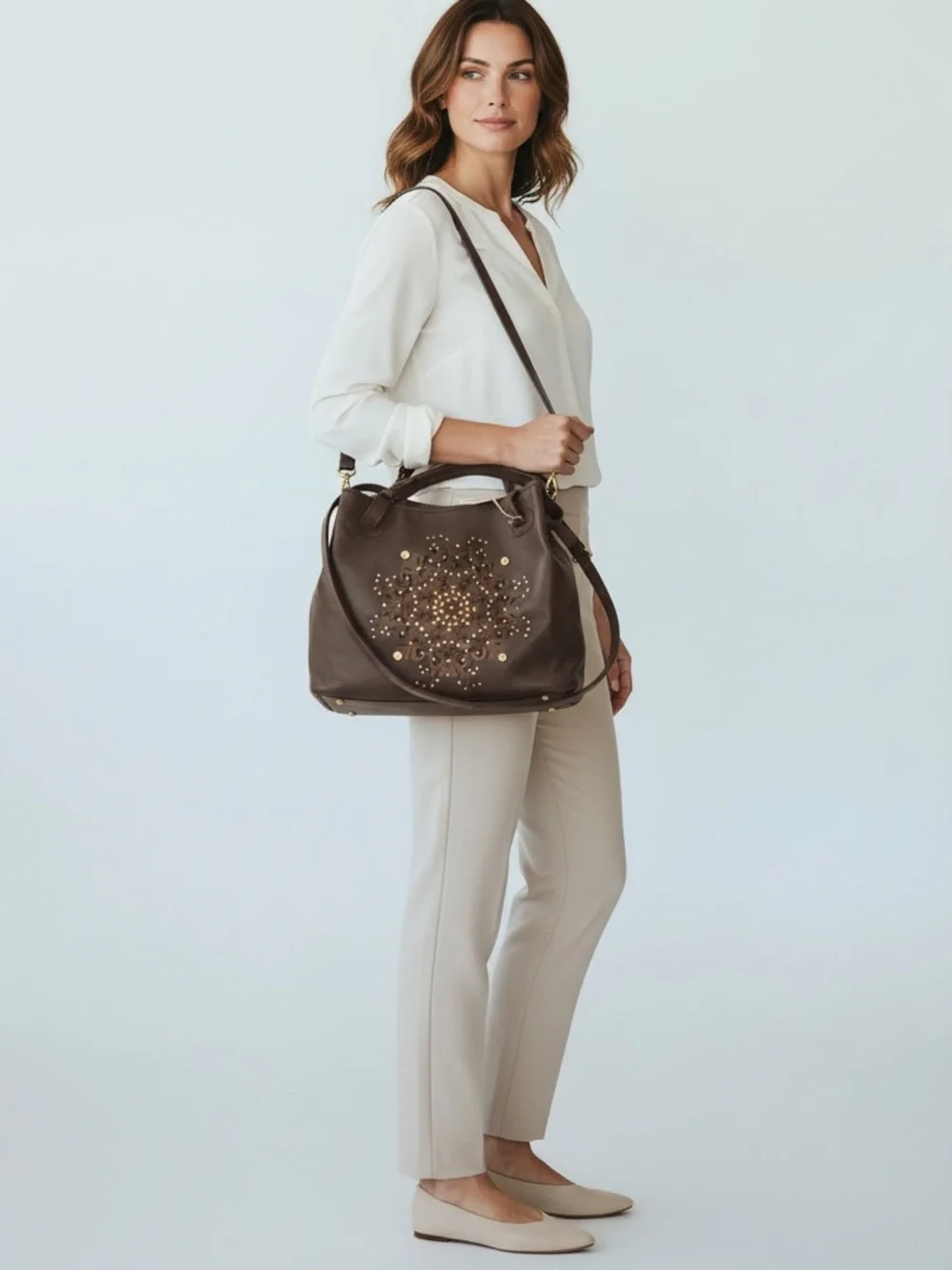🆕 Platania Brown Italian Leather Large Satchel Slouchy Bag  Stud Details